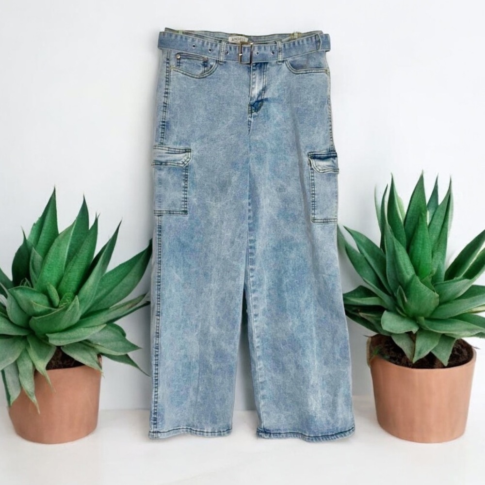 Angels Light Blue Denim Jeans with Cargo Pockets and Matching Belt